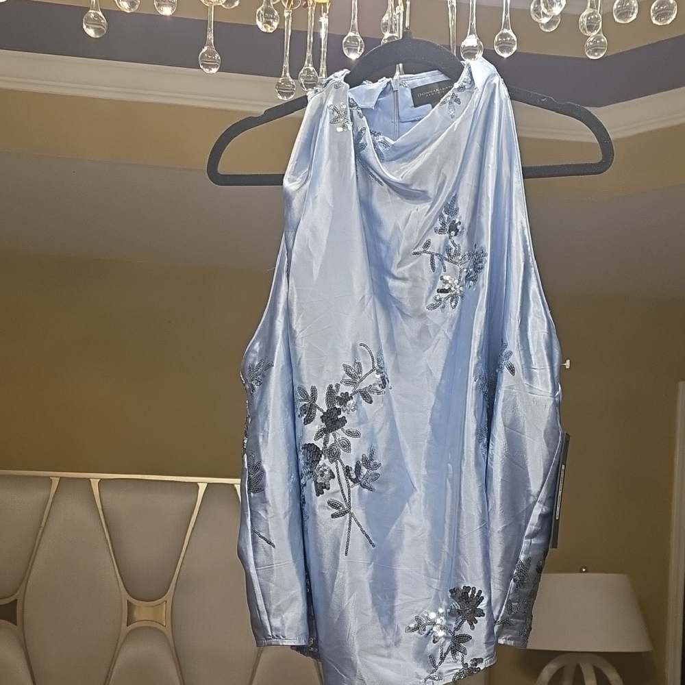 Donna Karan Light Blue Floral Blouse Embellished with Sequin Flowers